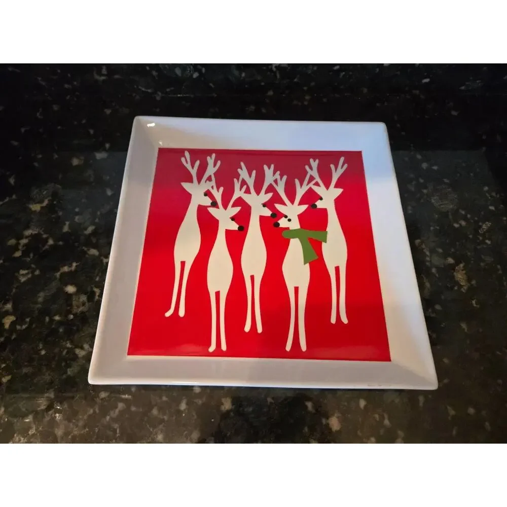 Crate & Barrel Festive Reindeer Square Serving Tray